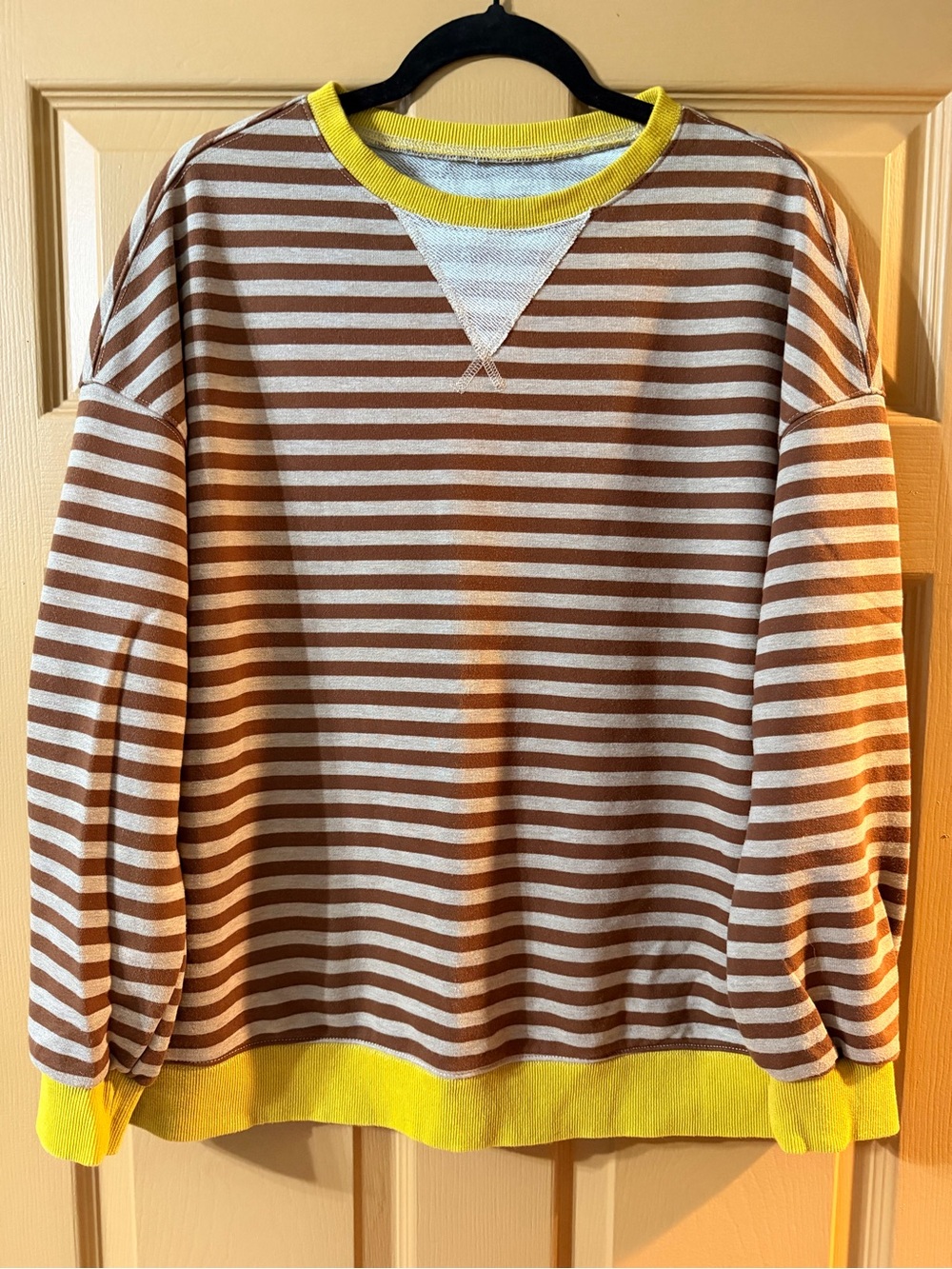 Striped Brown & Cream Knit Sweater with Yellow Trim